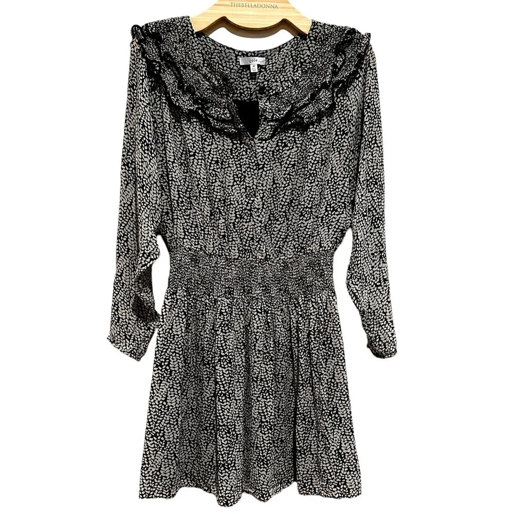JOIE LILIANNA BLACK WHITE ROMANTIC RUFFLED SILK RUCHED SMOCKED WAIST LINED DRESS